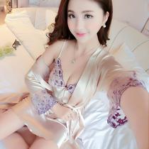 Spring Autumn Season Long Sleeves Women Silk Sleepwear Womens Summer Sexy Real Silk Harnesses Sleeping Skirts Pyjamas Bathrobe Two Sets Of Home Suits