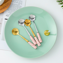 Stainless steel coffee spoon Creative ice cream spoon ins ceramic handle cherry blossom rose flower spoon girl dessert spoon