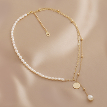 Temperament retro natural freshwater pearl necklace womens niche design sense double stacked tassel necklace collarbone chain