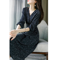  WITHSUN 2021 autumn new temperament fashion v-neck slim chiffon mid-length section with black floral dress female