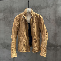 UNNAMING XIA real shot original wash made old yellow sheepskin coat mens short jacket stand collar locomotive jacket