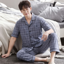 Pajamas mens short-sleeved trousers 100% cotton half-sleeved cardigan thin spring summer fattening plus size loungewear set
