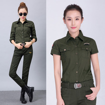 Summer and autumn outdoor casual military uniform students slim camouflage clothing short sleeve jacket trousers military green shirt set women