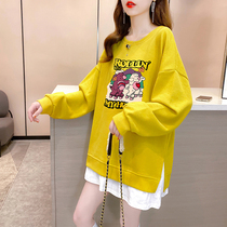 Pregnant woman sweater in the long spring and autumn fashion loose Foreign style Pregnancy fat mm fake two-piece top Third trimester tide