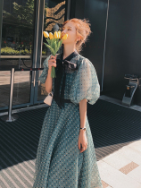 Lecea Alice French polka dot dress summer 2021 new item lantern sleeve green mesh mid-length skirt