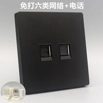 Black 86 double-port six-type computer phone panel CAT6 gigabit network cable socket with voice telephone line