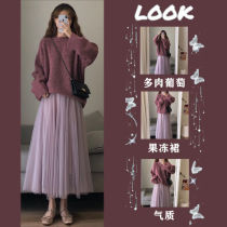 Pregnant womens autumn and winter gentle Hepburn style sweater temperament Super fairy air belly half skirt two-piece suit