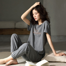 Japanese pajamas womens summer cotton round neck short-sleeved three-point pants 2021 new can wear casual home wear suit