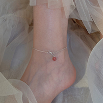 s925 sterling silver strawberry crystal bow anklet female summer simple fresh sweet Mori foot ring 2021 New Tide