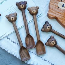 Bear cutlery wooden spoon Hand carved black walnut Japanese style ins jam honey Cute hand writer with spoon