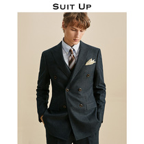 Suitup autumn new double-breasted collar striped suit mens suit high-end groom wedding suit