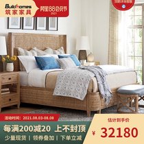 American solid wood bed European Rattan woven double bed Curved retro old master bedroom Luxury Romantic fashion bed