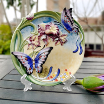 Porcelain hanging plate American country European double butterfly decorative plate Ceramic decorative sitting plate seat plate pendulum plate Wall decoration free bracket