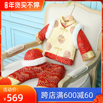 Miss Meow male baby 100-day banquet Tang suit plus velvet winter dress Chinese style baby dress suit Annual Banquet