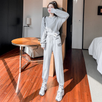 Foreign style fashionable cotton plus velvet sports suit women's autumn and winter small round neck short sweater padded tide ins