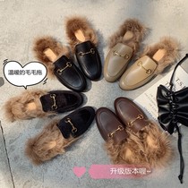 Inking Pot Peng Jie upgraded version of the horse buckle leather one pedal wool wool fur slippers womens flat heel shoes