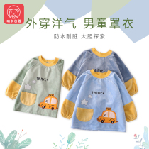 Autumn and winter baby coat mens treasure car bib waterproof and anti-dirty thick crystal velvet childrens apron wear cute outside