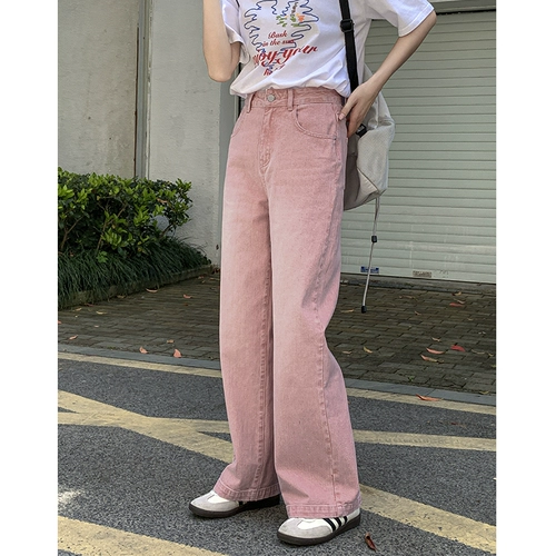Розовые джинсовые осенние джинсы для отдыха, свободный прямой крой