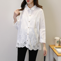 2021 autumn lapel long sleeve pregnant woman shirt A version lace loose top spring cotton maternity shirt T-shirt