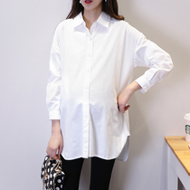 2021 pregnant womens new loose version large size shirt autumn pregnant womens lapel lapel bottoming coat Spring and Autumn white shirt Han