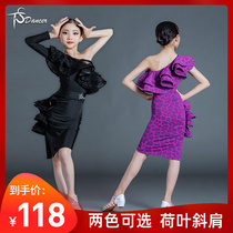 Children's Latin Dance Dress Children's Latin Dance Practice Dress Girls Summer Single Sleeve Ruffles Latin Dance Dress