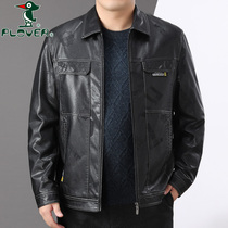Woodpecker leather mens large size loose fat plus lapel leather jacket fat guy casual fat short leather jacket