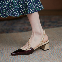 ann it star river brilliant ~ 2022 Baotou sandal women pointed coarse heel rivet high heel shoe heel 4 5CM