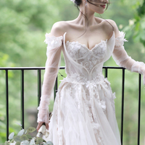 Suzhou wedding custom 2021 spring and summer new shiny Moren line shoulder long sleeve flower lace gauze small tailing