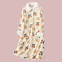Sweet Cherry Bear flannel nightgown women autumn and winter thick warm long sleeve home dress dressing robe coral velvet pajamas