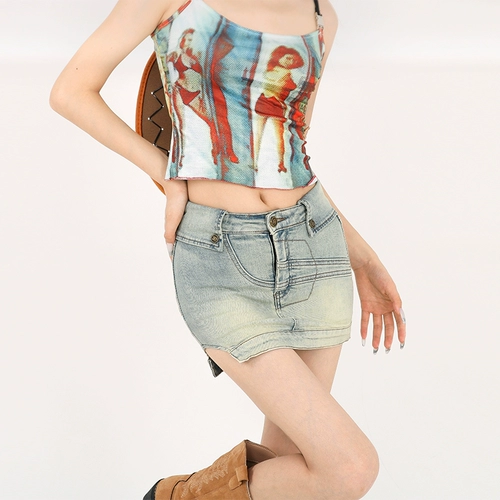 Сексуальная джинсовая юбка, приталенное защитное белье, в американском стиле, с акцентом на бедрах, высокая талия, А-силуэт