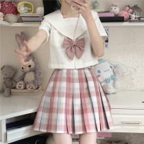 White without this Kansai lapel short-sleeved shirt small Tsubaki grid skirt Pink bow tie jk uniform skirt Genuine a full set of Japanese