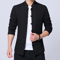 Social black tunic Tang suit mens coat single piece of beach clothing jacket collars improved Hanfu autumn