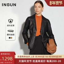 Enshang Ke 2021 Winter new design sense niche suit lapel sheepskin slim pleated design leather clothing