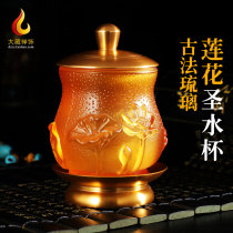 Buddhism Guanyin Lotus Holy water Cup ancient method glazed Crystal Buddha seven water supply bowls for Buddha water supply Cup trumpet