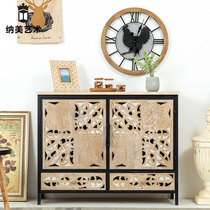 Retro American solid wood wrought iron porch cabinet locker living room hotel carved hollow decorative cabinet industrial style