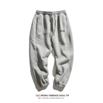 Japanese plus velvet padded sweatpants mens autumn and winter loose tie pants cotton pants closing small feet casual pants