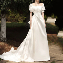 White satin light wedding dress French bubble sleeve bride out of the gauze simple Tour Summer star same dress women