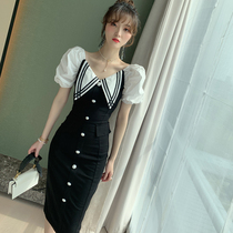 2021 summer new bubble sleeve slim hip dress small black dress temperament thin age reduction V-neck dress female