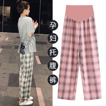  Pregnant womens pants Spring and autumn new fashion plaid straight pants outer wear wide-legged pants Autumn loose summer leggings