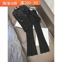 2023 - European and American fashion new bead drill coat micro - lama pants suit two A9671