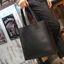 Mens casual trend retro handbag shoulder leather black large capacity neutral vertical tote bag men tote