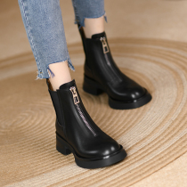 Non-extravagant ins tide cool ~ leather front zipper Martin boots female spring and autumn single boots British style thick bottom short boots