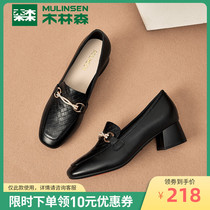 Wood Linson Single Shoes Woman Coarse Heel Square Head Shallow heel with a foot pedal Lefoe Inn wind Leather Temperament Little Leather Shoes
