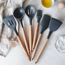Tree wooden handle silicone non-stick pan spatula kitchen household heat-resistant high temperature spoon Colander baking scraper brush