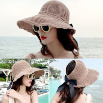 Korean version net red holiday sunscreen lace butterfly knot empty top hat sun hat with sun hat straw hat woman