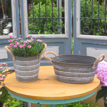 Iron gray striped double-eared hemp rope tin bucket balcony garden vintage old creative flowerpot green plant decoration