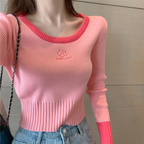 Shopkeepers own fried chicken beauty base shirt Western style slim-fit womens short pink sweater tight knit sweater top