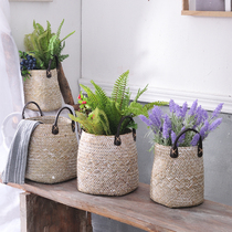 MimiHome Nordic woven straw woven rattan living room decoration dried flower arrangement flower basket small vase flower pot flower pot