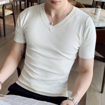 New thin short sleeve knitwear T-shirt mens V collar white pullover base shirt youth solid color slim half sleeve top