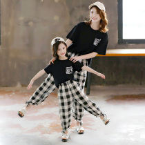 Girls pro-dress T-shirt new 90% Pants Plaid Pants Suit Children Short Sleeve mother and woman Two sets of summer load